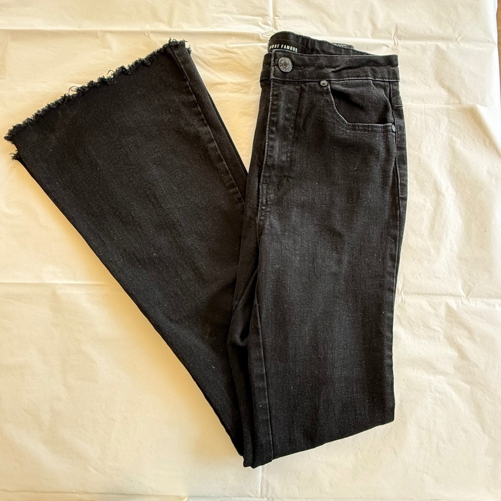 Almost Famous Flare Jeans Womens 1 Black Good Lace Up Corset High Rise Raw Hem